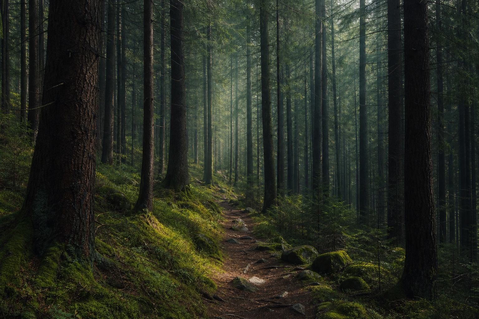 Schwarzwaldhänge mit Nebelschwaden und Waldpfad