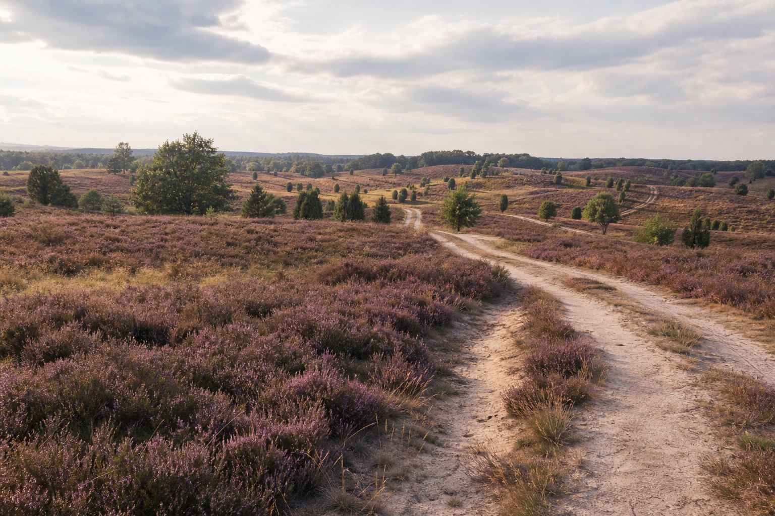 Lüneburger Heide mit sanften Hügeln und Heidekraut im Abendlicht